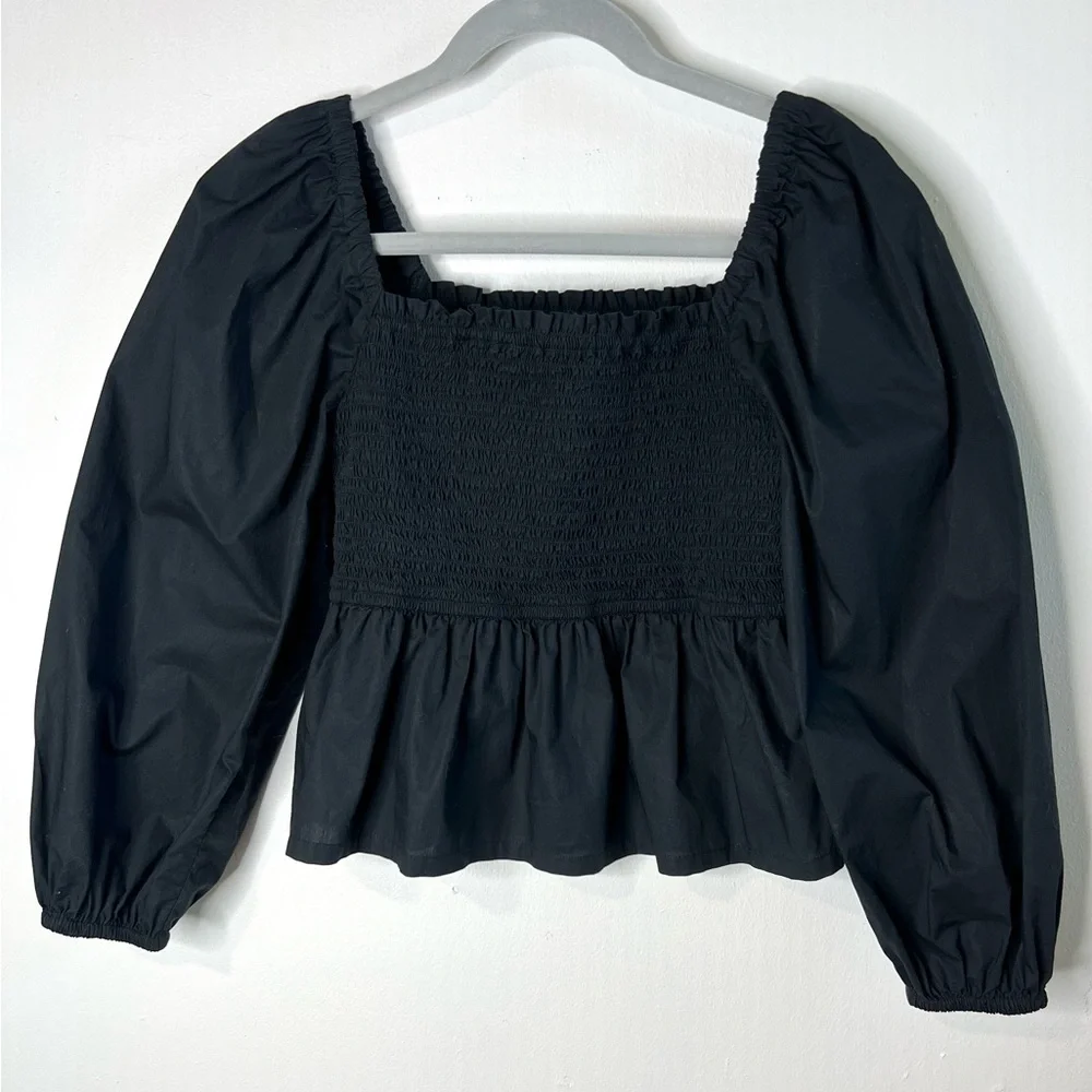 J. Crew Black Smocked Square-Neck Peplum Top Poplin Cotton SZ S EUC